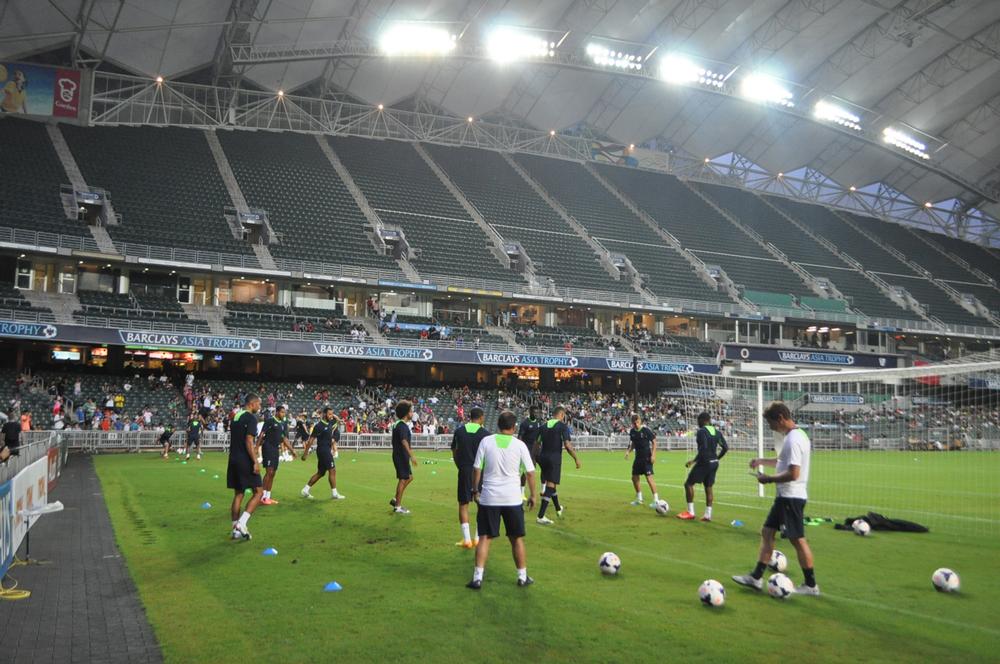 At work at the Kowloon Cricket Club, Spurs’ training venue during the Barclays Asia Trophy