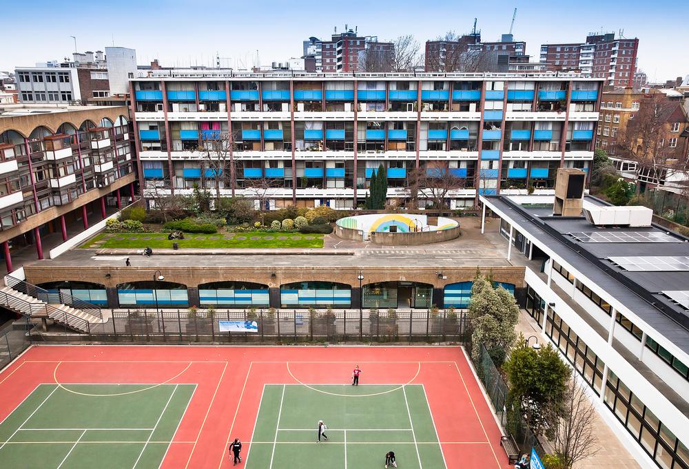 The leisure centre is a listed building and forms an L shape around the courts, which are used for tennis, netball and children’s five-a-side