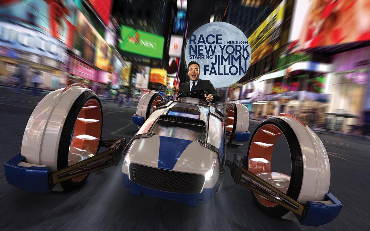 During the show, riders will speed through the streets of New York City and all the way to the moon and back During the show, riders will speed through the streets of New York City and all the way to the moon and back
