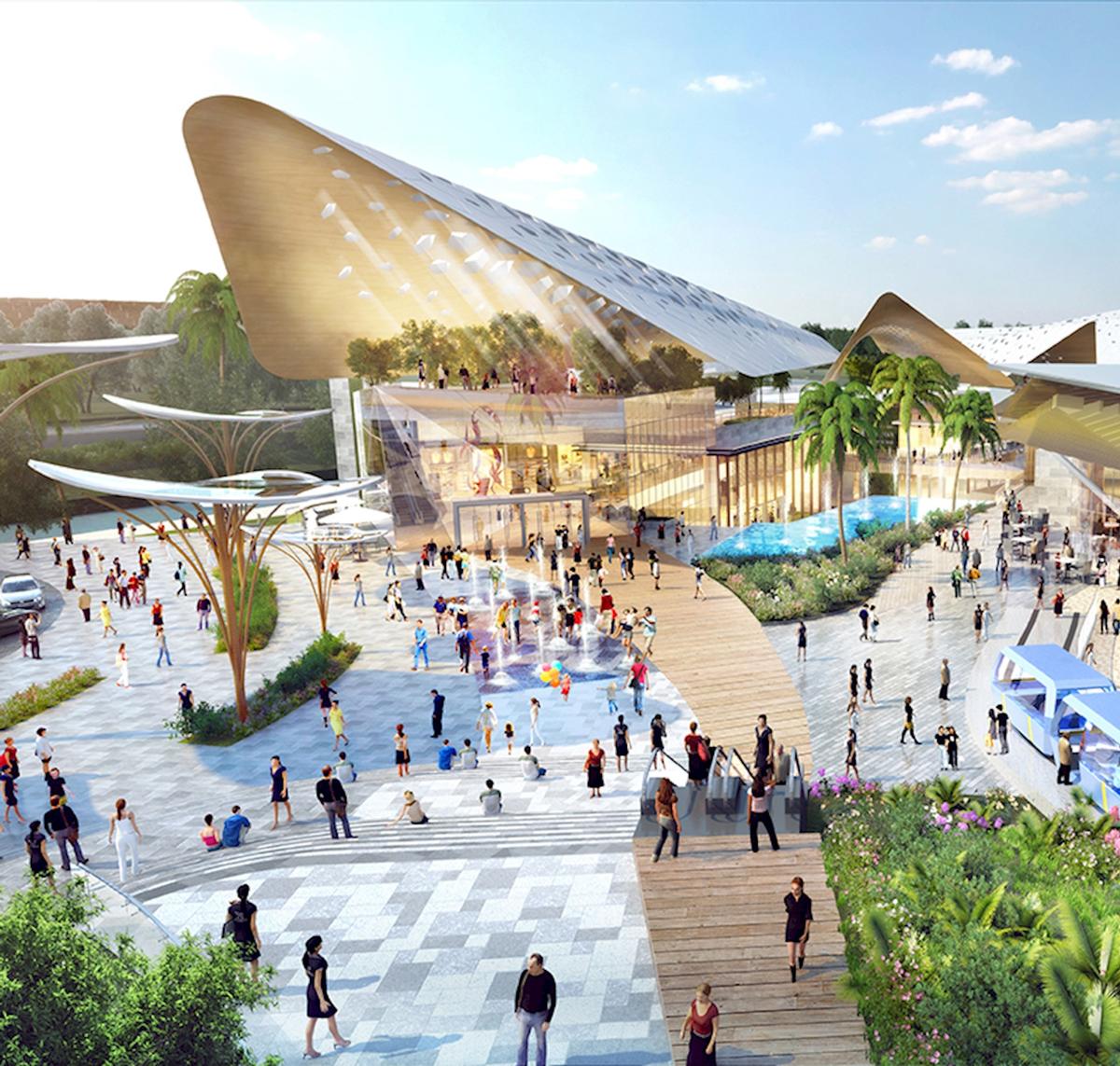 A multitude of large canopy structures, inspired by seashells in form and colour, will feature above the buildings / Benoy
