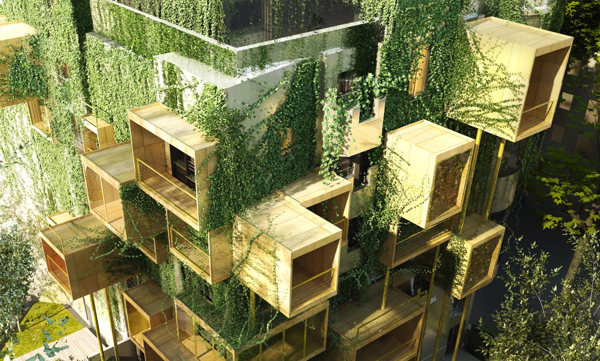 Each differently-sized wooden cube allows for two levels of extension – one covered interior space, and one interstitial terrace / Malka Architecture