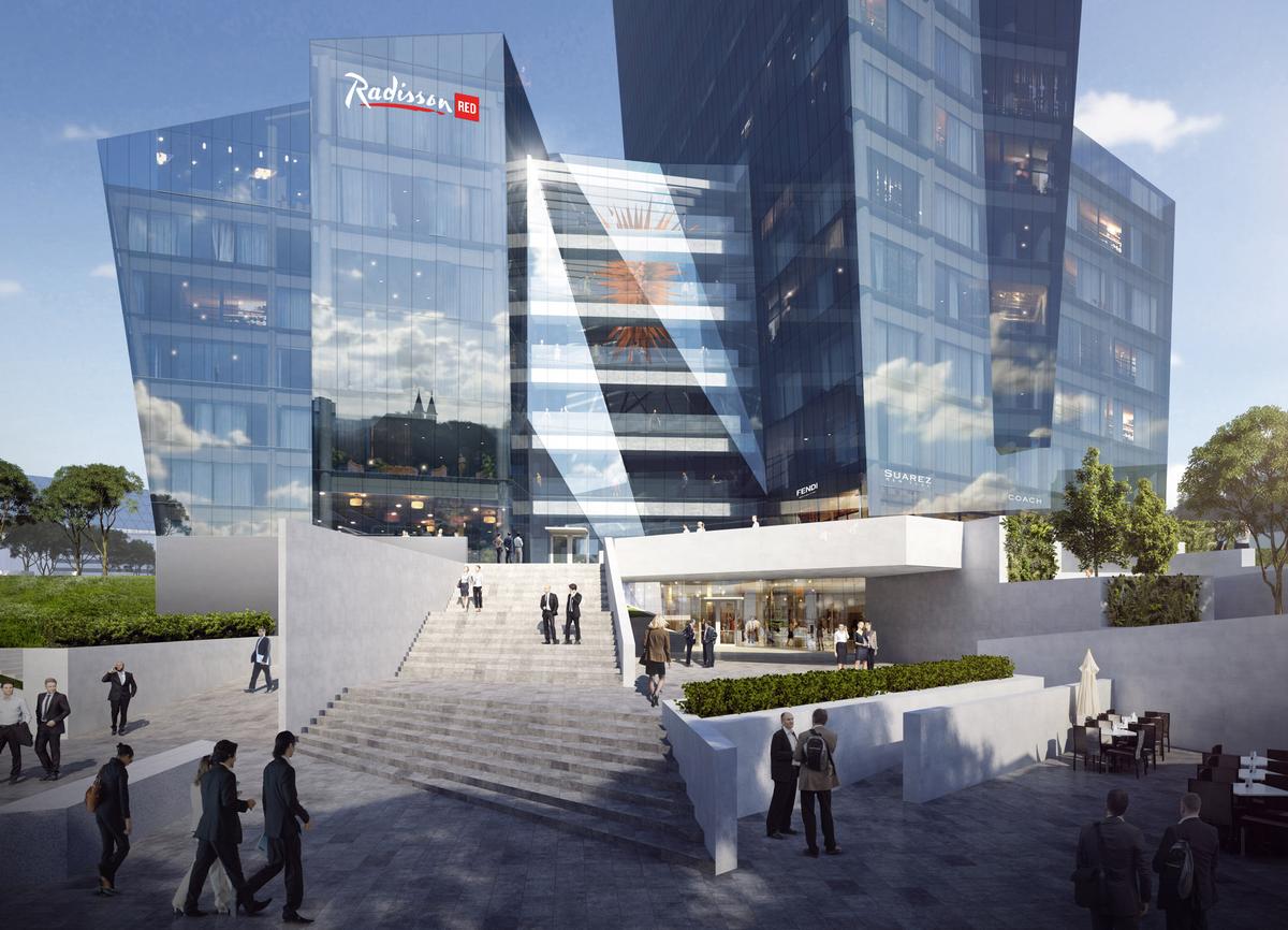 A Raddison Red hotel will feature, along with restaurants, shops and green spaces / Studio Libeskind