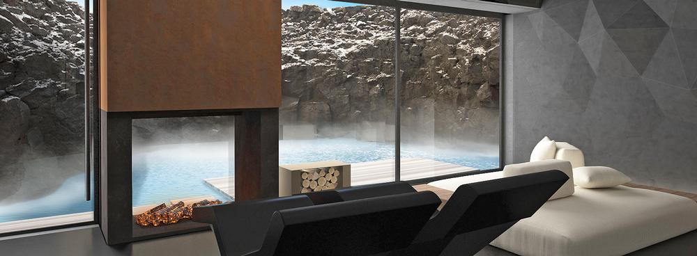 Lava Cove is a private spa suite with its own thermal waters and wood burning fireplace