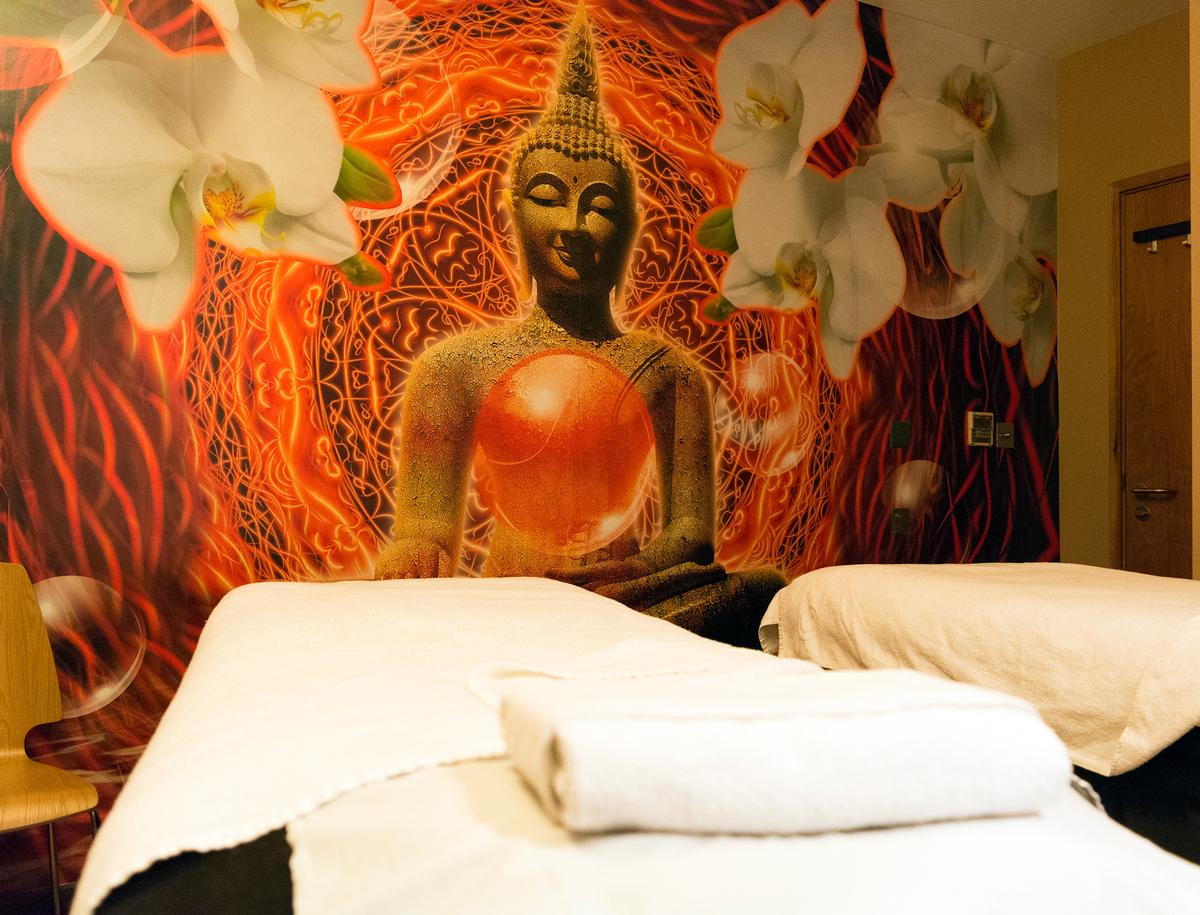 The Hilton location includes three treatment rooms, including a double room with a Buddha mural, and uses Sothys skincare in its treatments along with its own branded line