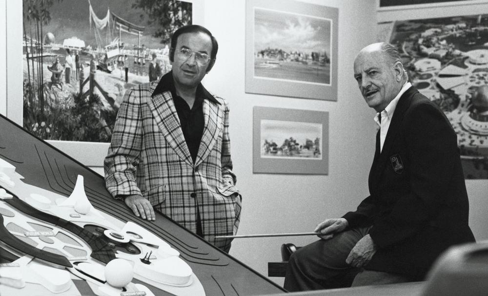 Sklar and fellow Imagineer John Hench review a Future World model for Epcot