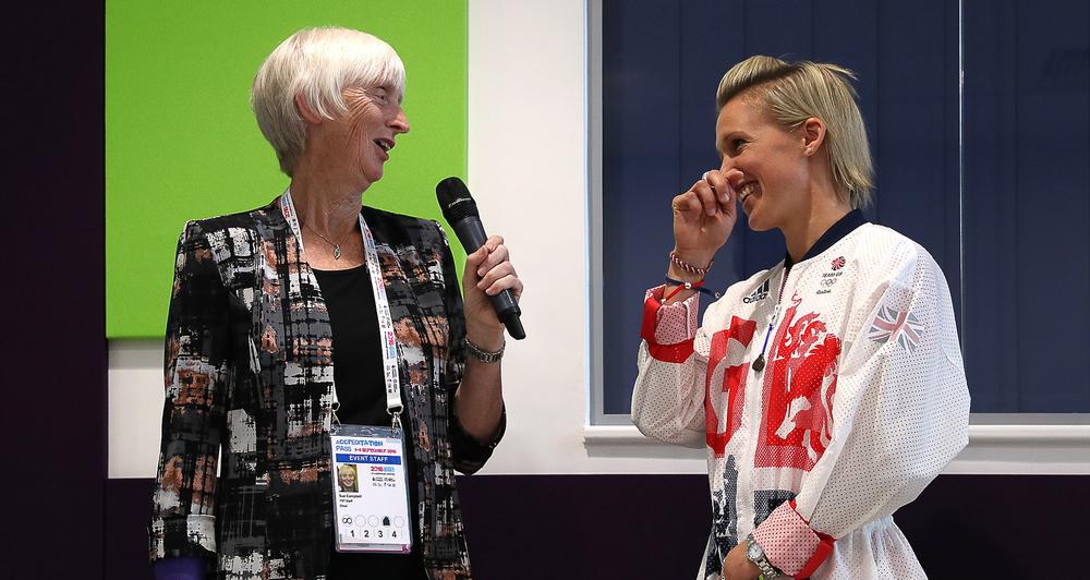 Former chair of UK Sport Sue Campbell talks to GB hockey player Alex Danson / simon cooper / press association