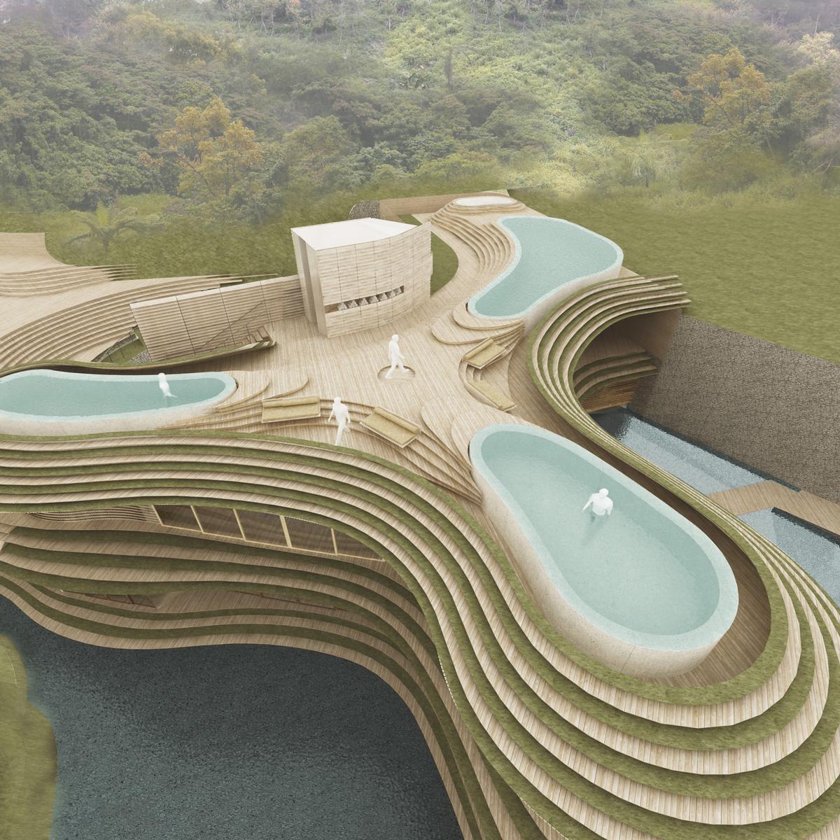 The resort’s landform architecture merges with the natural surroundings and inspires its curvaceous appearance