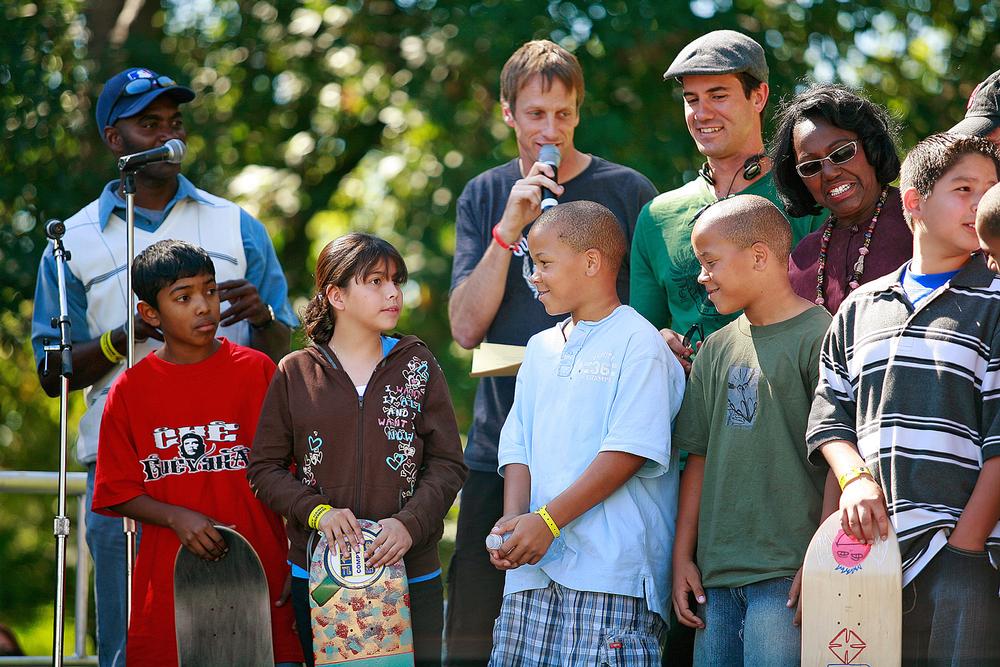 Hawk gives a speech at the opening of the
Compton Skatepark in LA in 2009. THF raised more than $70,000 for the park / PHOTO: Jody Morris/©Tony Hawk Foundation