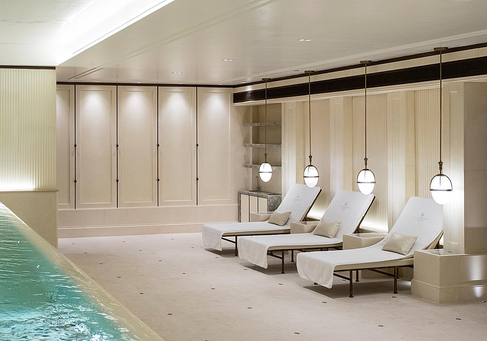 The hydropool at The Lanesborough Club & Spa features a dramatic cascading waterfall edge