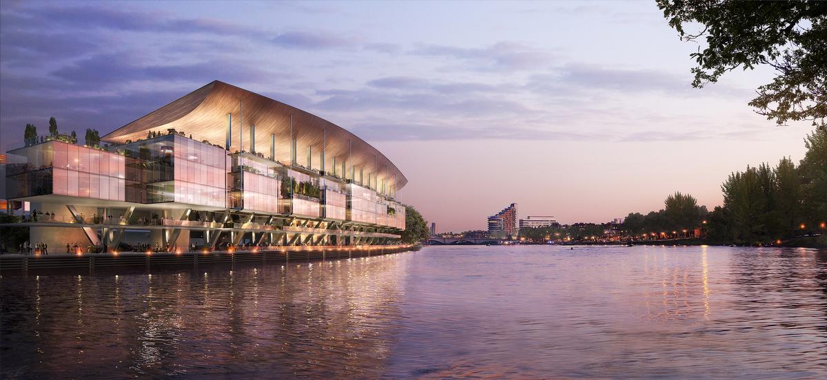 A new rendering released by Populous shows how the stand has been designed with 'an iconic roof design' to better connect with the river / Populous 