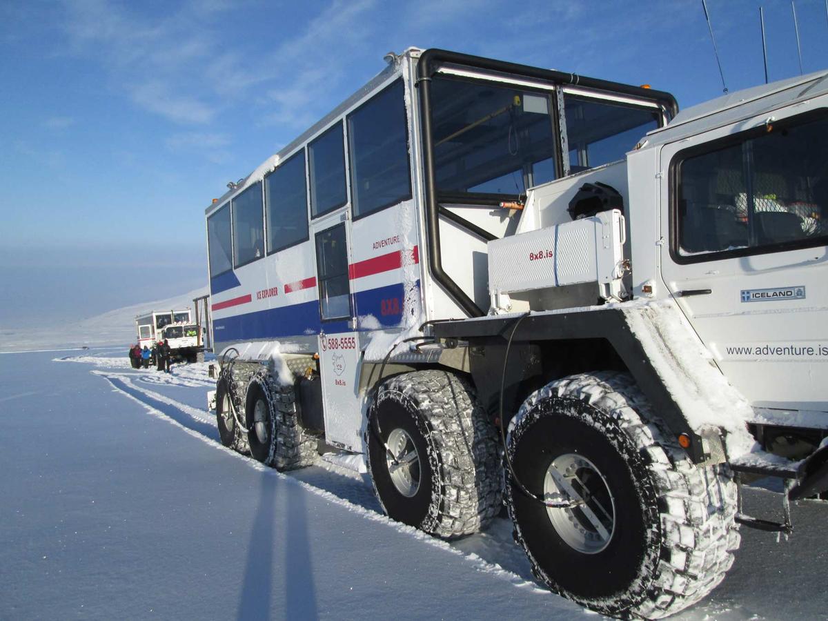 An ex-NATO, eight wheel drive missile launcher, converted and adapted to transport up to 40 people at a time takes visitors to the glacier / IceCave