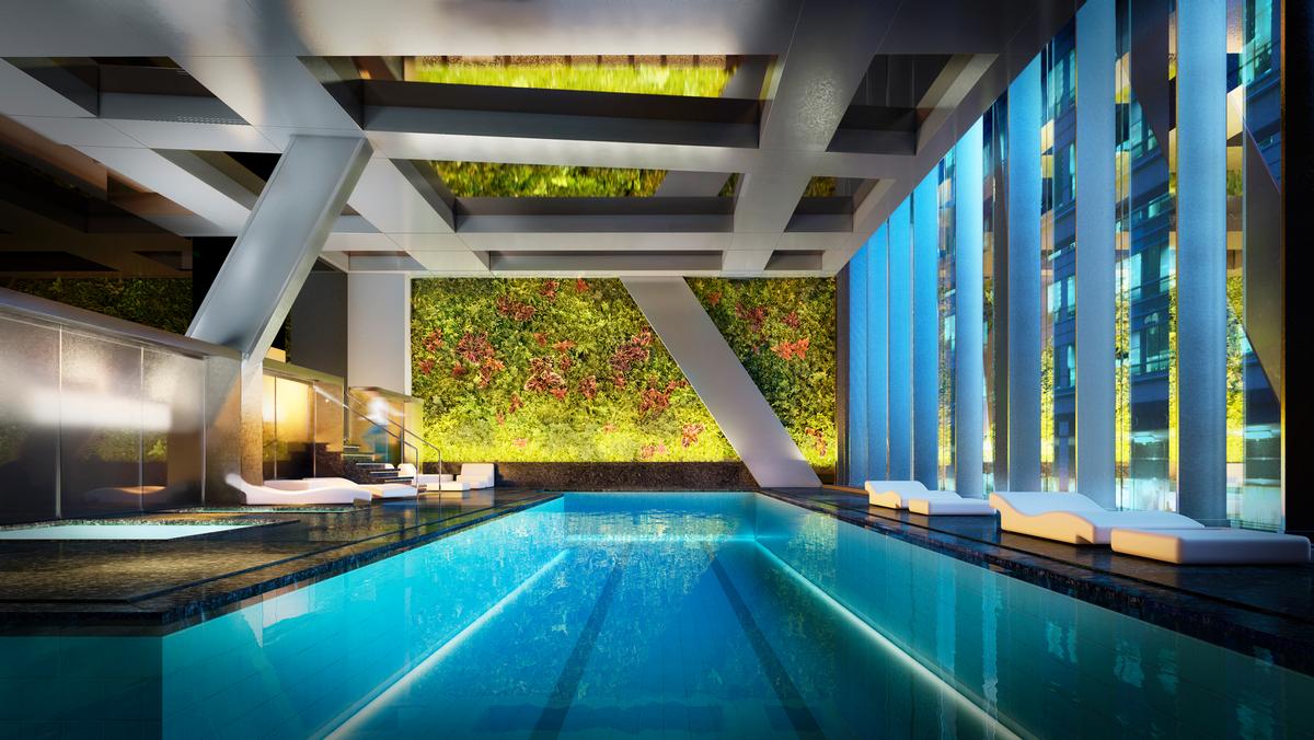 A 17,000sq ft (1,500sq m) Wellness Center will feature two large vertical gardens, designed by French botanist Patrick Blanc, framing a 65ft swimming pool / Hayes Davidson