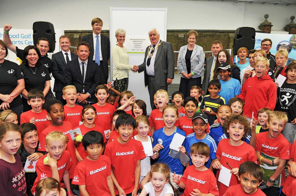 Judy Murray (centre) and Neil King (back left) joined local children to relaunch Batchwood Sports Centre