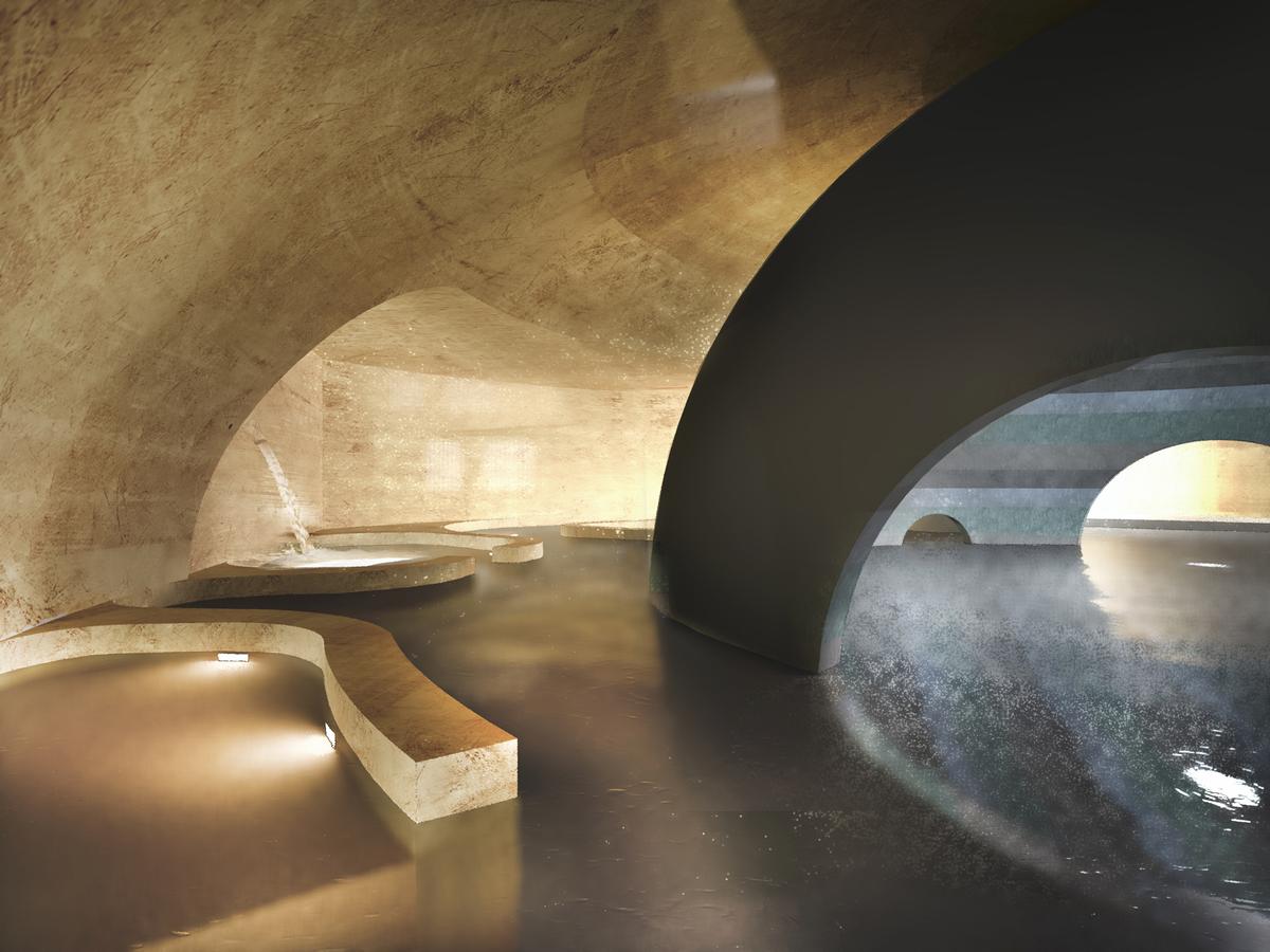 A Sphere Pool will have stone arches, hydrotherapy jets and in-water benches, and a warm water Watsu Pool will be available for floating therapy