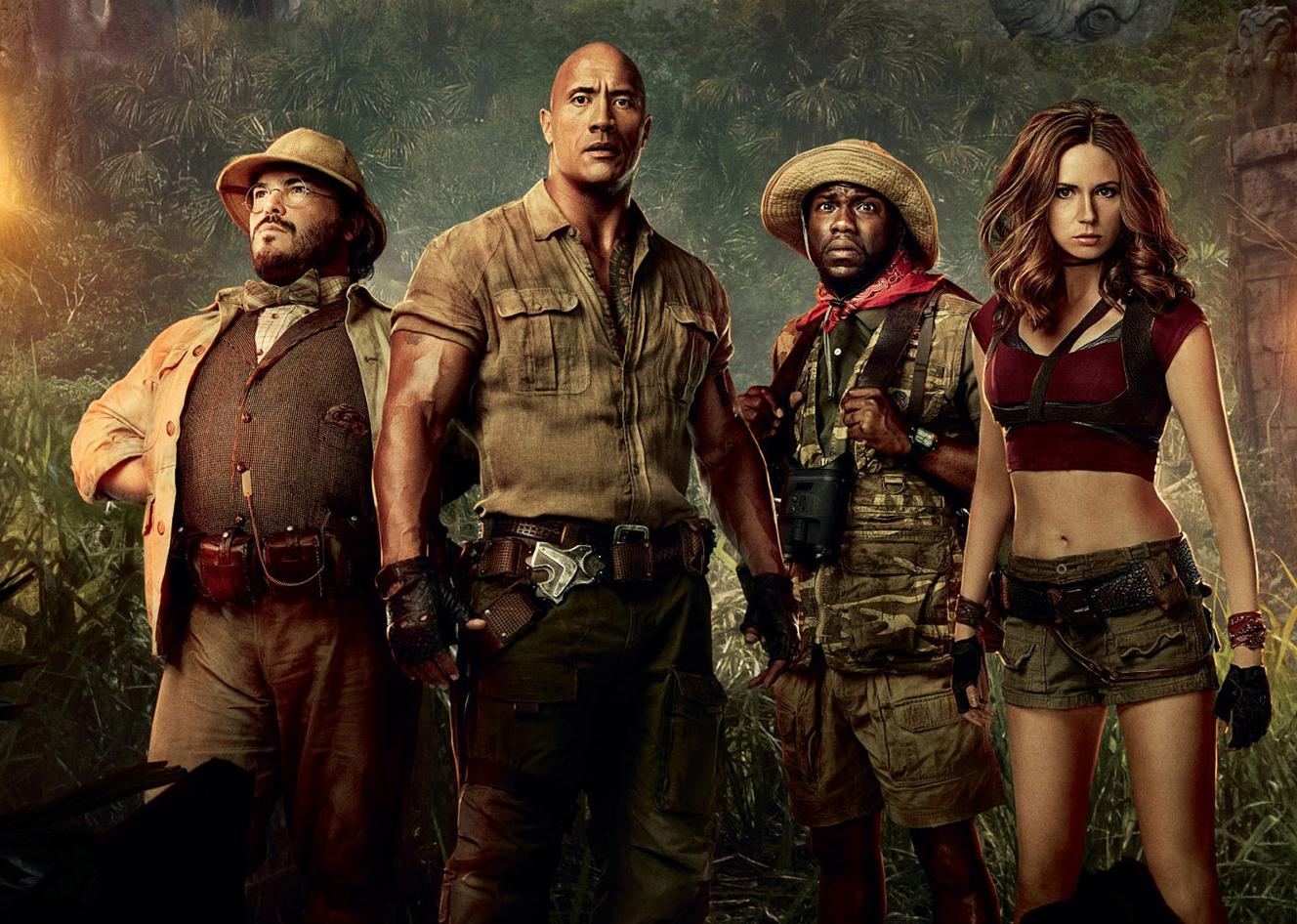 Left to right: Jack Black, The Rock, Kevin Hart and Karen Gillian star in the Jumanji reboot Left to right: Jack Black, The Rock, Kevin Hart and Karen Gillian star in the Jumanji reboot