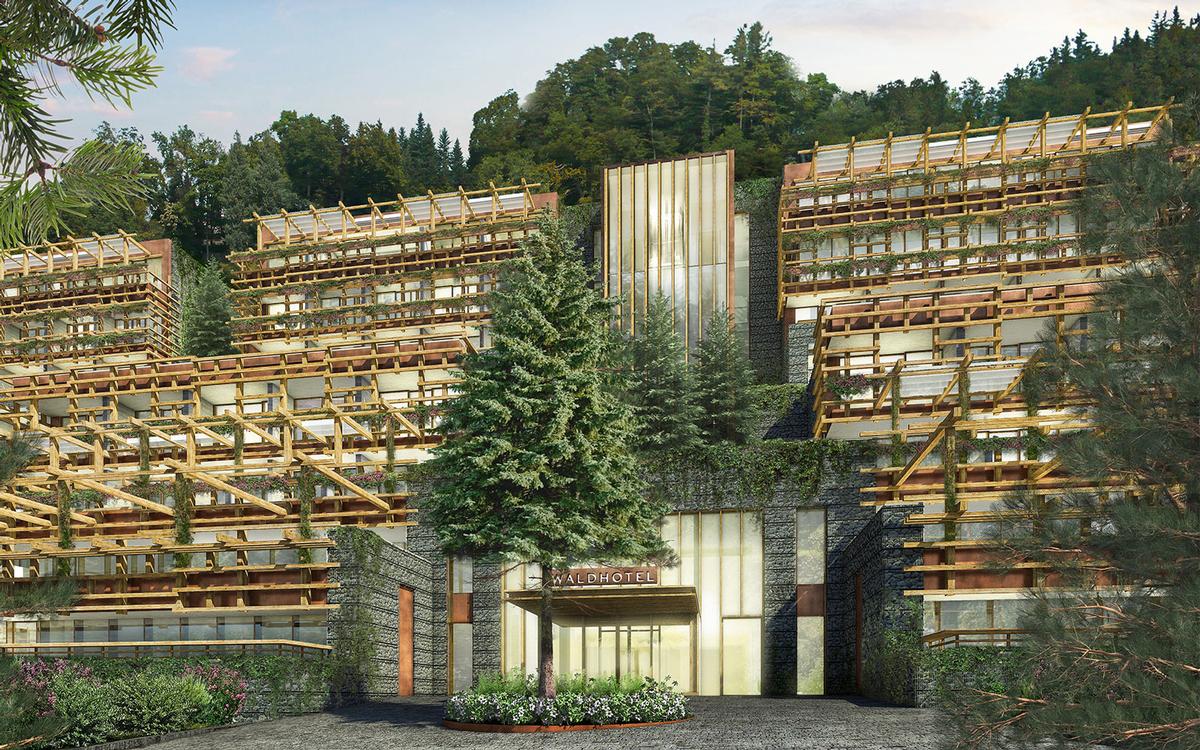 The Waldhotel is located in a forested area of natural beauty and designed to be gradually enveloped by the surrounding greenery to embrace the concept of forest bathing / Burgenstock