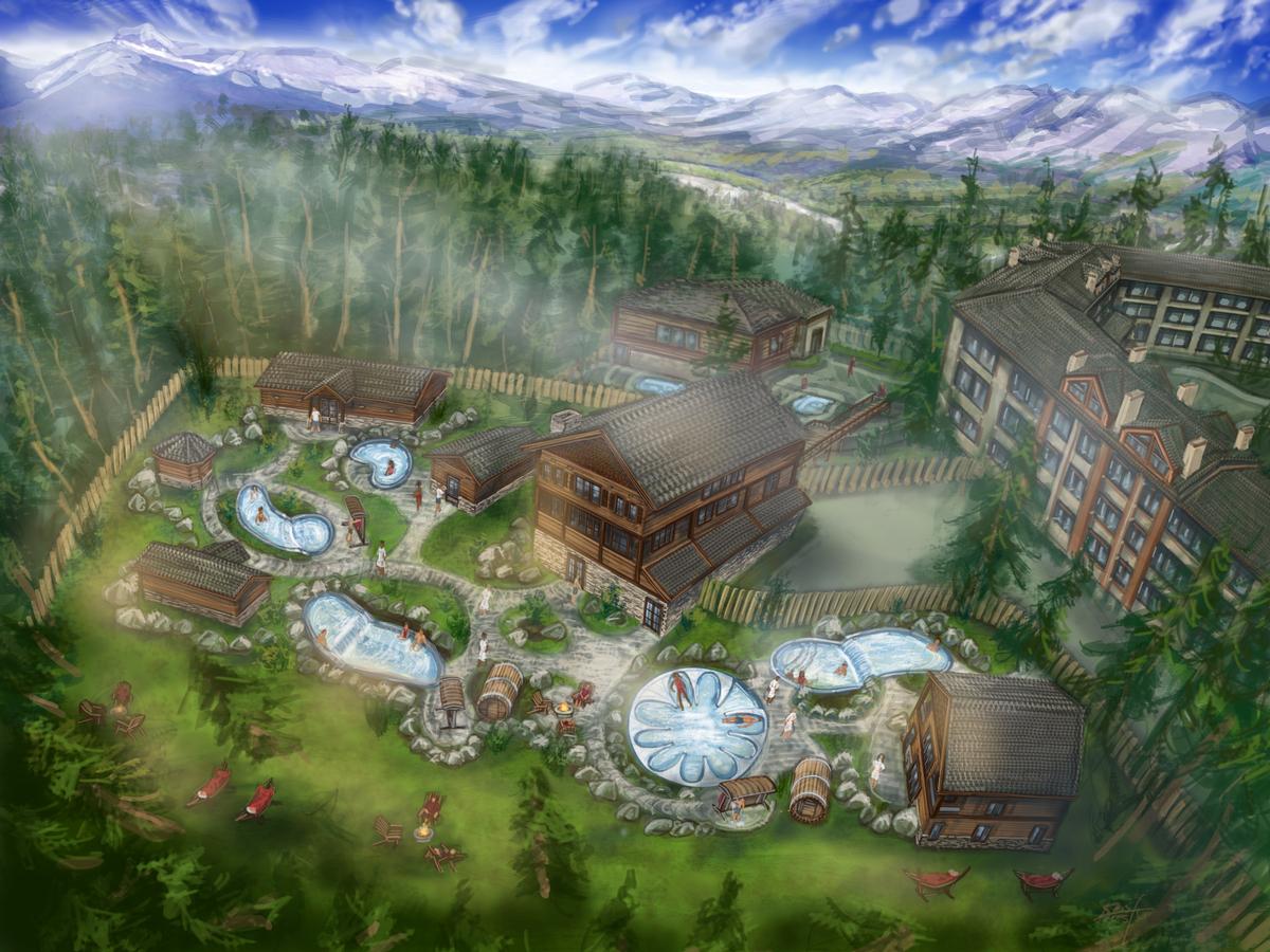 The indoor/outdoor spa will feature hot and cold contrast hydrotherapy, along with social campfire settings, a meditation labyrinth and a relaxation lodge / 