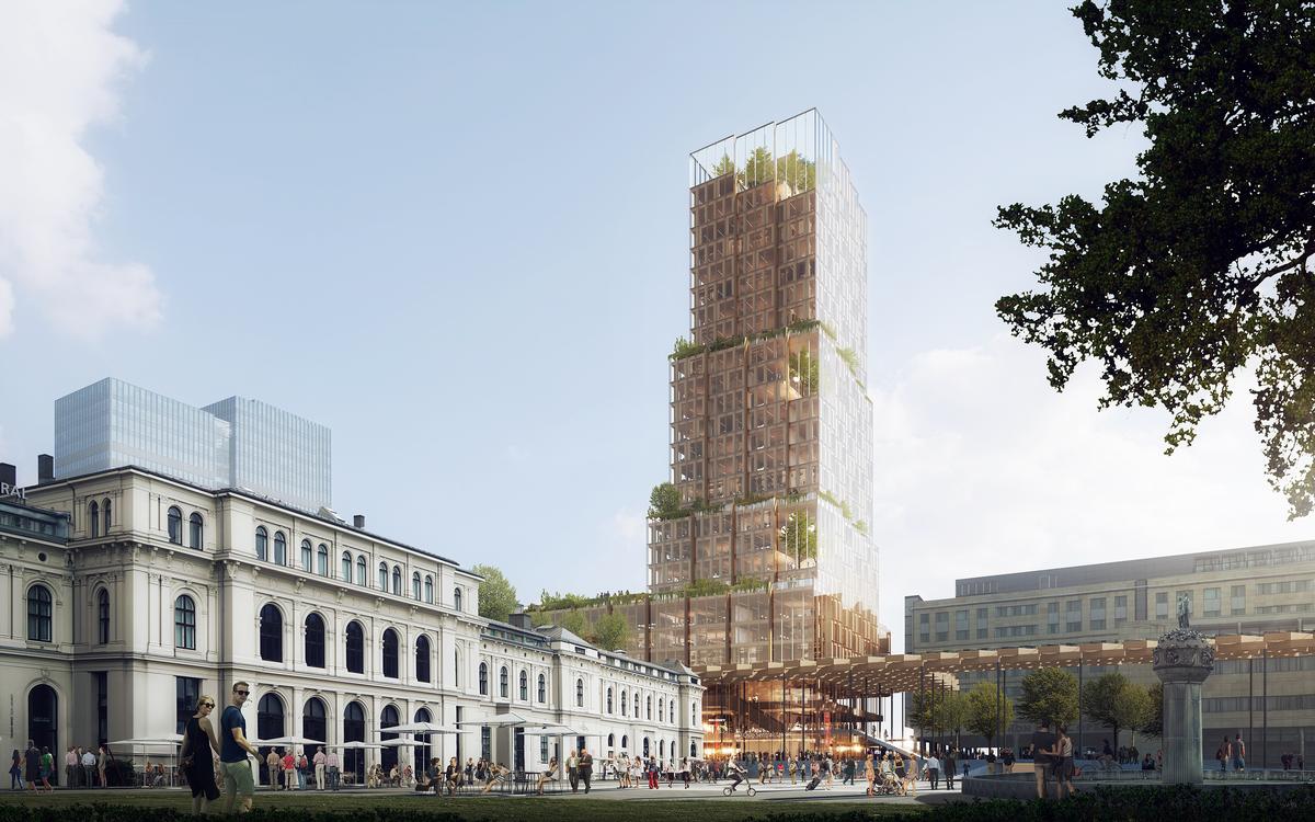 The building’s stacked modular timber structure will be exposed through a transparent glass facade / RRA and C.F Møller