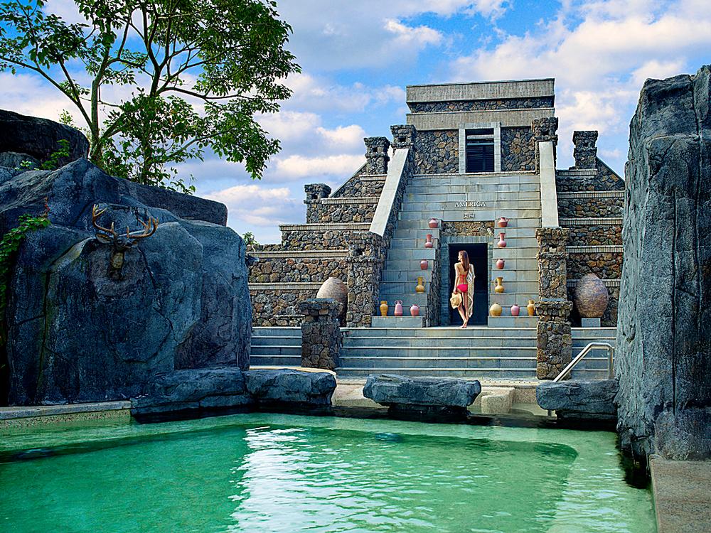 There are 168 hot and cold mineral spring pools the springs are themed around five continents including America with is Amazonian Mayan architecture