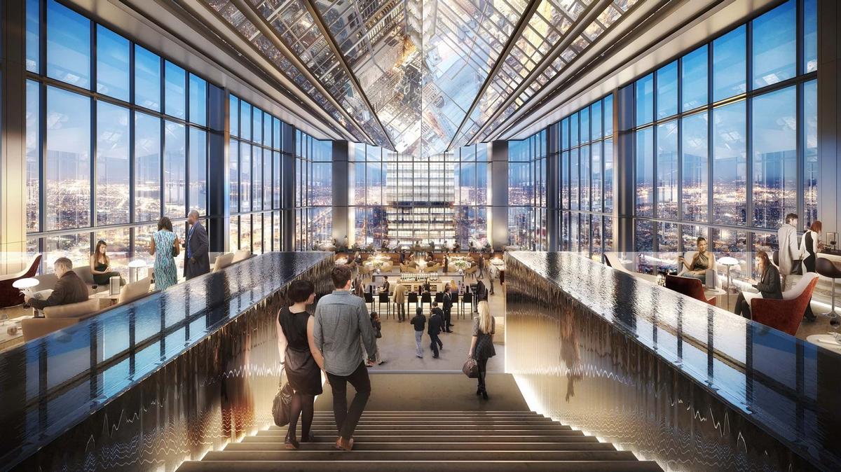 The hotel lobby is at the apex of the tower, along with a restaurant and bar with city views / Foster + Partners