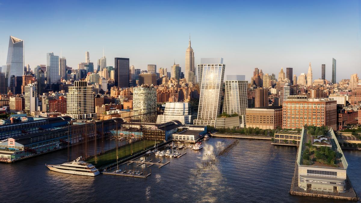 The Eleventh, located along the High Line at 76 11th Avenue in West Chelsea, will be formed of two twisting asymmetrical towers connected via a skybridge / DBOX