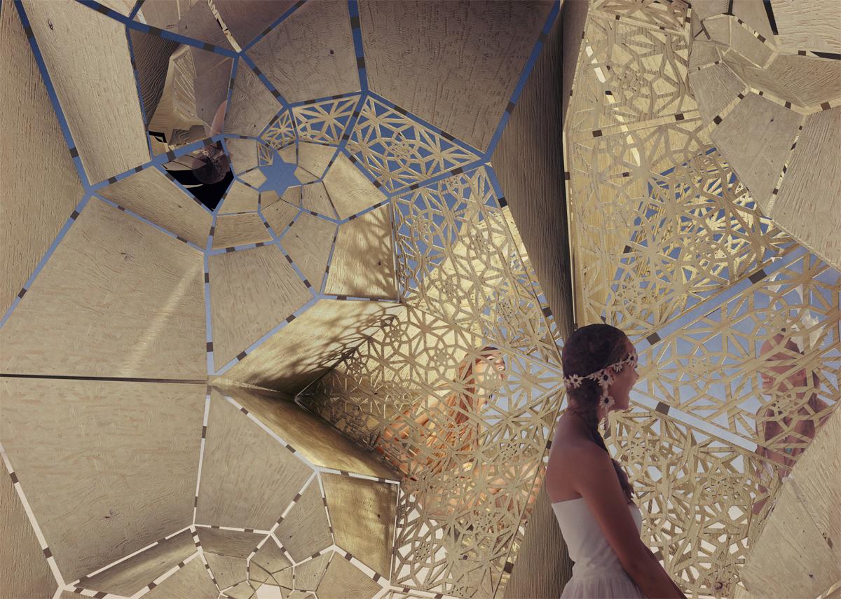 The structure’s form is based on experiments with origami The structure’s form is based on experiments with origami