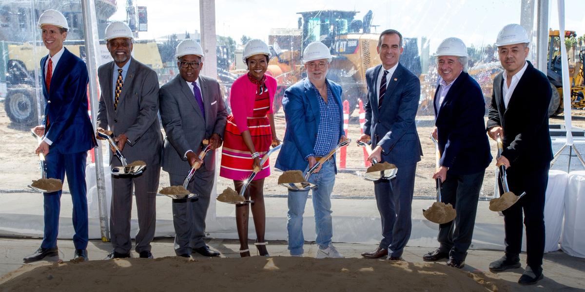 Mellody Hobson, George Lucas, LA mayor Eric Garcetti and architect Ma Yansong were all at the groundbreaking ceremony / Lucas Museum of Narrative Art
