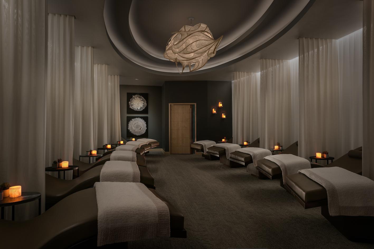 The new windowless, cocoon-like Women’s Quiet Room offers spa-goers a tranquil alternative to the more social environment of the women’s lounge / 