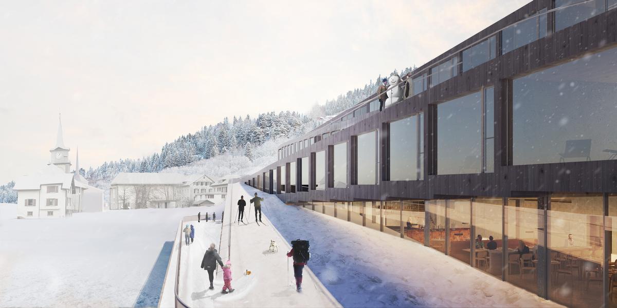 The hotel's sloping roof will be accessible to skiers during parts of the year / Bjarke Ingels Group