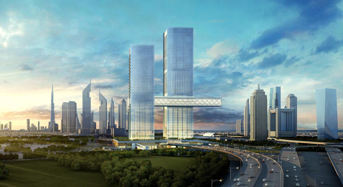 The two-tower, high-rise, mixed-use development of One Za’abeel will be home to a panoramic sky concourse, The Linx, which connects the two towers / 
