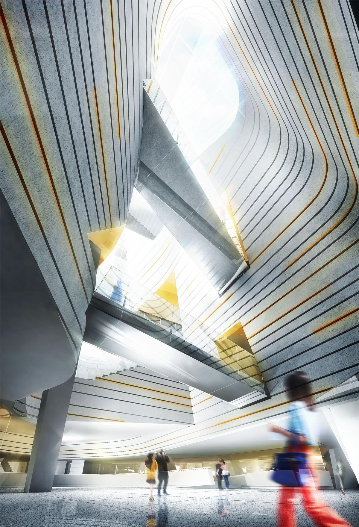 A soaring, light-filled lobby atrium will be overlooked by a hovering space for performance and education / Morphosis