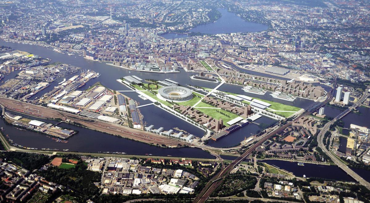 An early rendering of the possible Olympic layout in Hamburg An early rendering of the possible Olympic layout in Hamburg