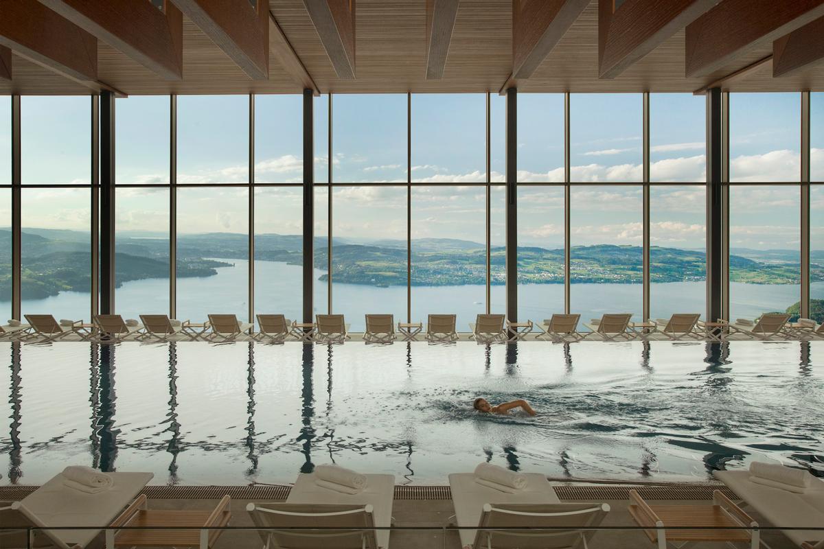 Perched on the mountainside 450 metres above Lake Lucerne, the 10,000sq m, three-level spa was a key element in the recreation of Bürgenstock Resort