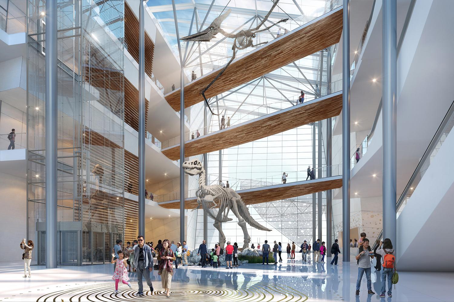 A series of sky bridges will cross the atrium, connecting the exhibits with the public amenities on either side / Steelblue