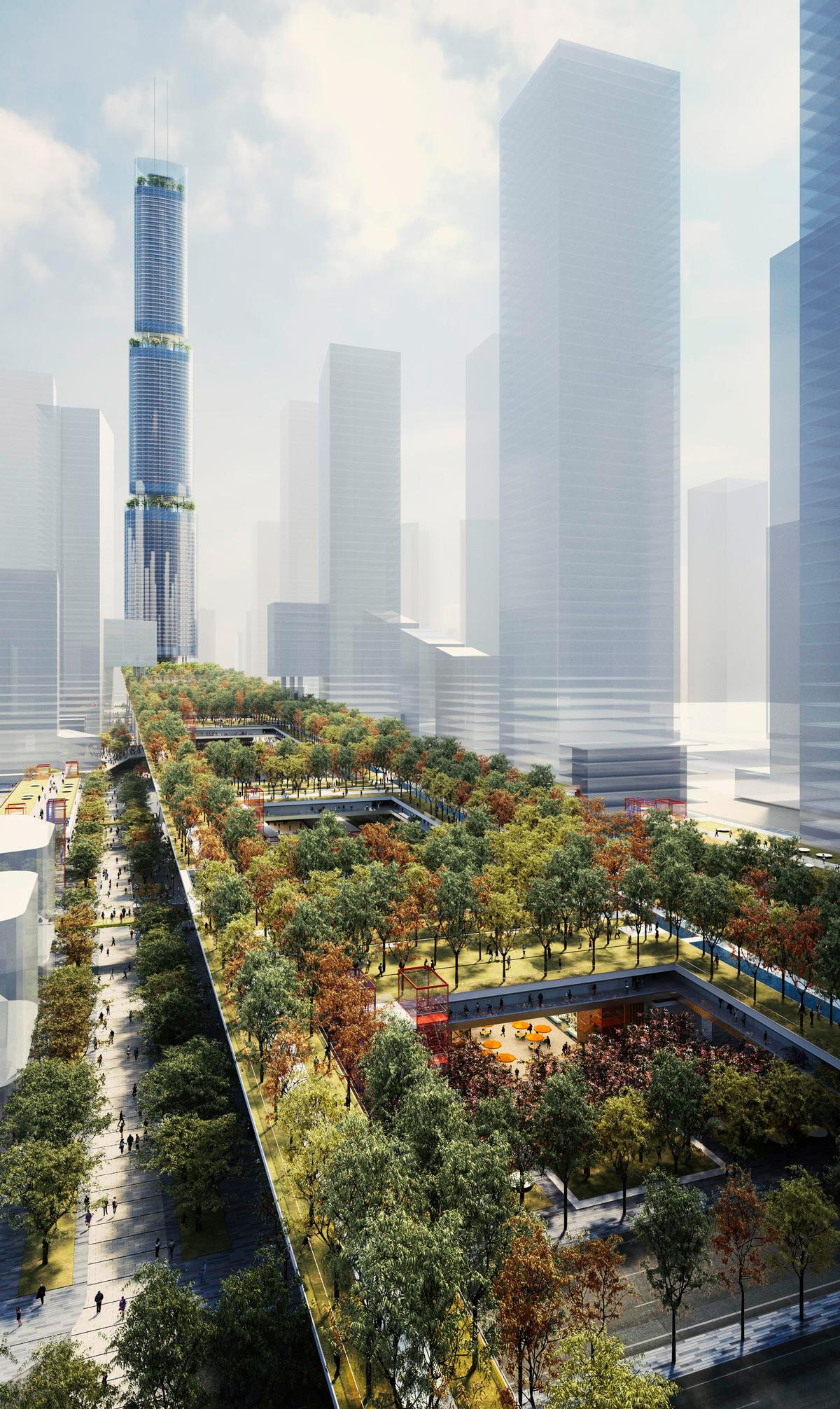 The garden will link the city to the Qianhai Bay. / Courtesy of Rogers Stirk Harbour + Partners