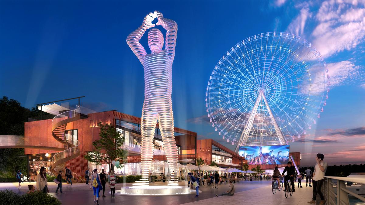 The development includes the Geordie Giant, a 39ft (12m) tall steel structure of a man making a circular gesture above his head The development includes the Geordie Giant, a 39ft (12m) tall steel structure of a man making a circular gesture above his head