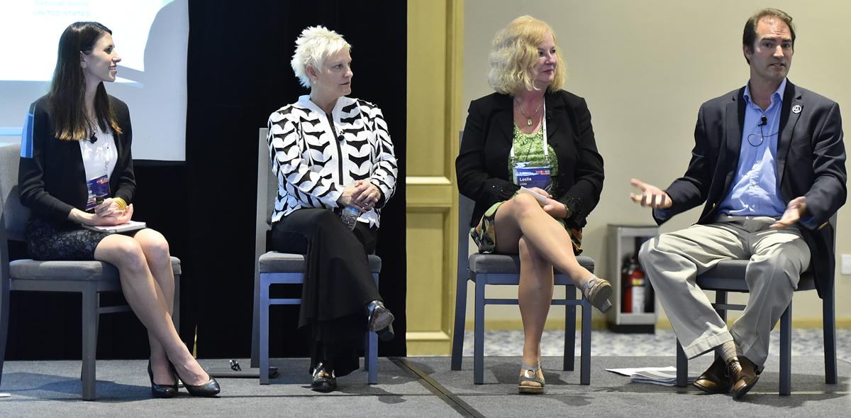 Project manager Kate Sornson (far left) introduced spa initiative leaders CG Funk of Massage Envy; Leslie Lyon of Spas2b; and Jean-Guy de Gabriac of Tip Touch International (far right). / Global Wellness Institute Project manager Kate Sornson (far left) introduced spa initiative leaders CG Funk of Massage Envy; Leslie Lyon of Spas2b; and Jean-Guy de Gabriac of Tip Touch International (far right). / Global Wellness Institute