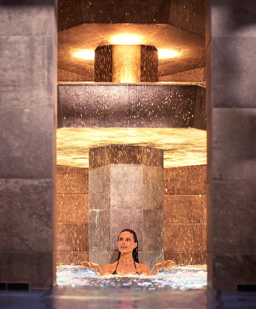 The spa is centred around a central tower housing a three-storey cascade fountain