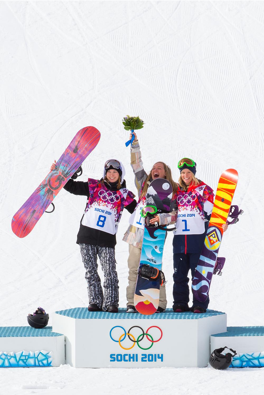 Bronze medalist Jenny Jones (right) on the podium with silver medalist Enni Rukajärvi of Finland (left) and gold medalist Jamie Anderson of the US (centre) / PHOTO: M.Weyerhaeuser/jdpfreesport.com
