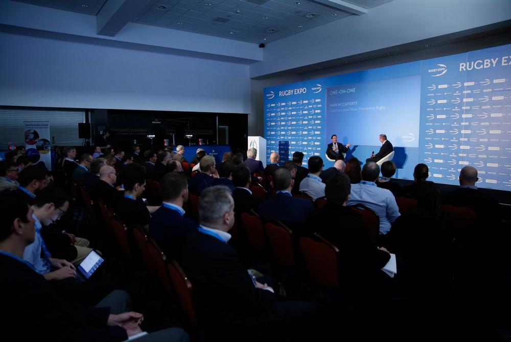 Premiership Rugby chief executive Mark McCafferty addressing the crowd