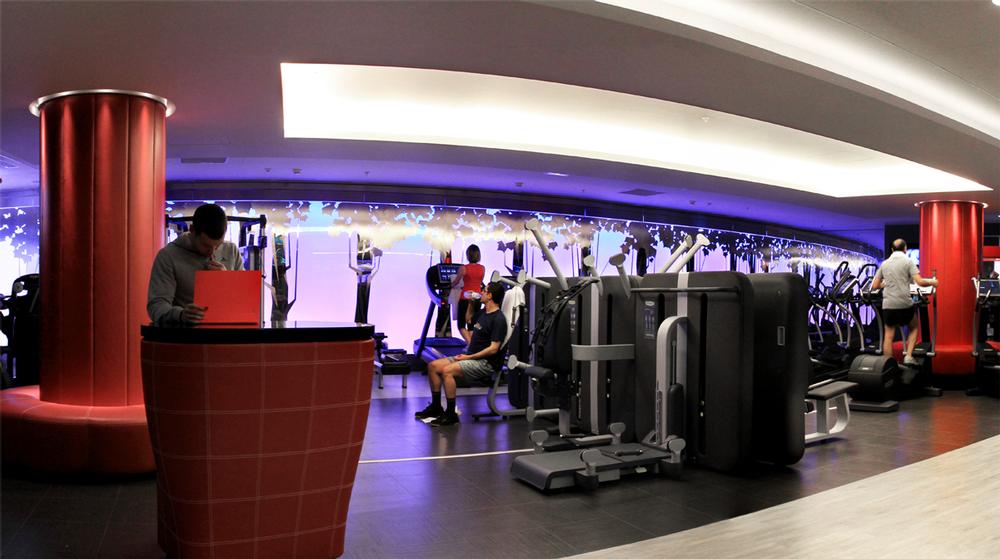 A curved wall of light with a tree motif uplifts the mood in the gym