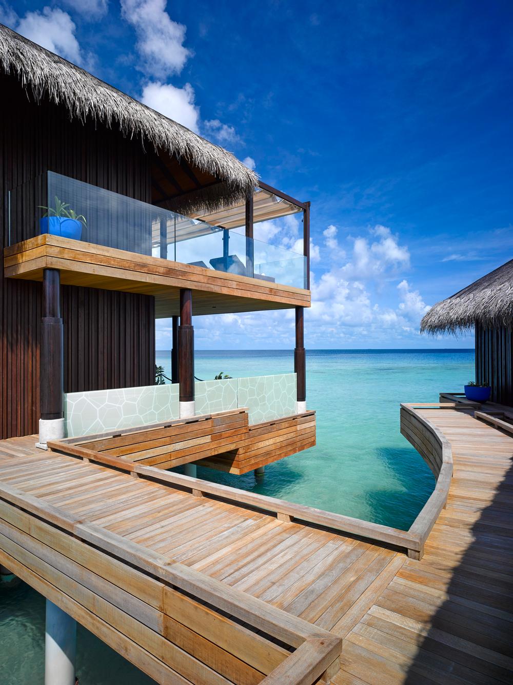 The over-water spa is open the sky, with wooden walkways between treatment rooms