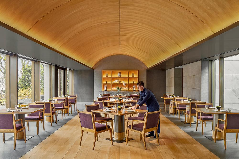 Amanyangyun’s main restaurant, Lazhu, is light-filled and airy, overlooking a bamboo grove