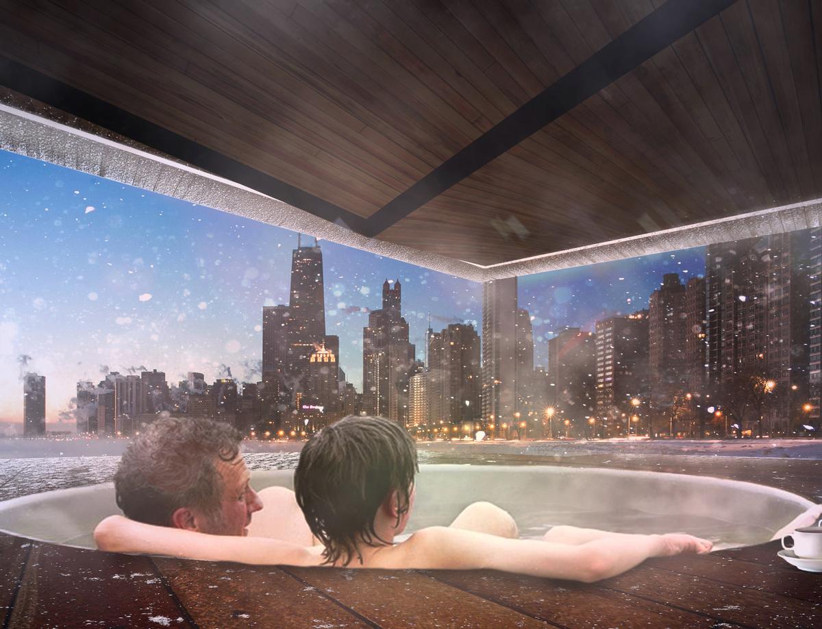 During winter, the kiosks are designed to face away from the wind and look towards Chicago’s skyline / Urban Therme