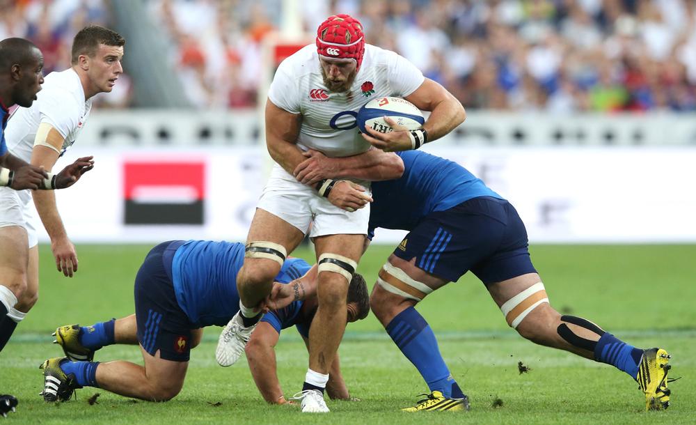 Powerhouse: James Haskell (centre) in action for England Rugby