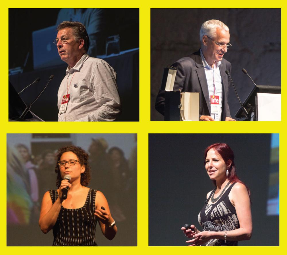 (Top Left) Outgoing and incoming Ecsite presidents Michiel Buchel and Herbert Münder; keynote speakers (Bottom Left) Nina Simon and Alice Roberts