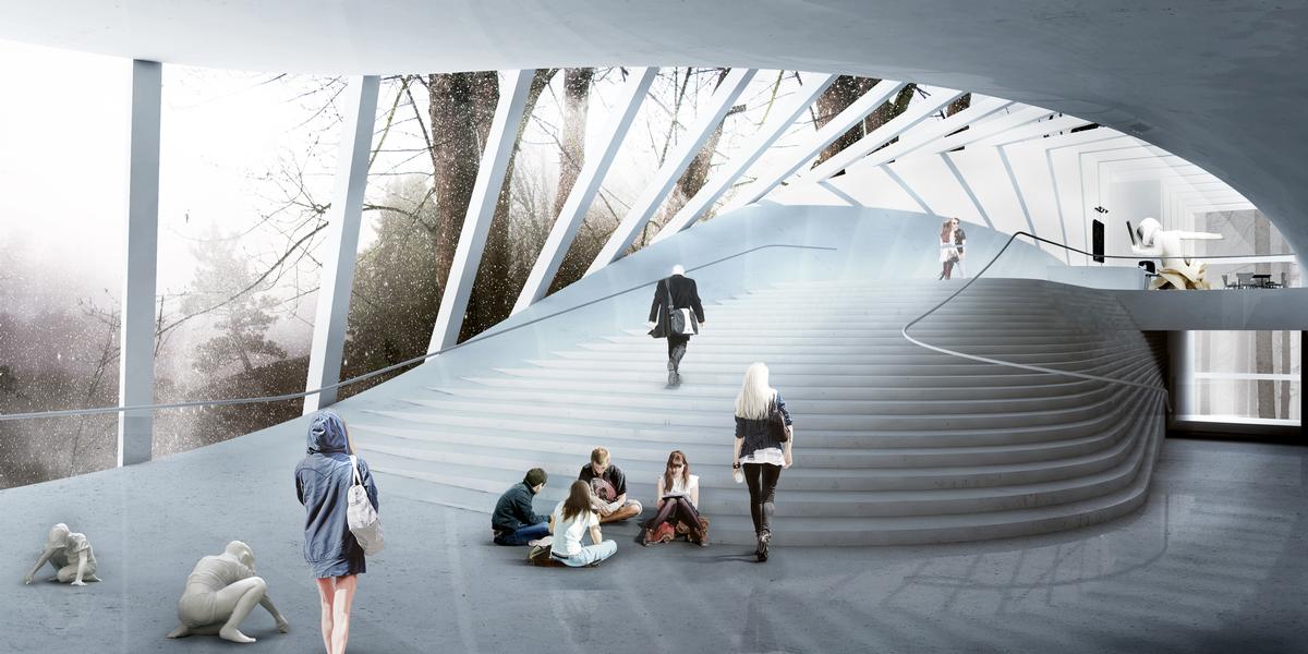 The fanning staircase inside will double as an informal seating area and performance space / Bjarke Ingels Group