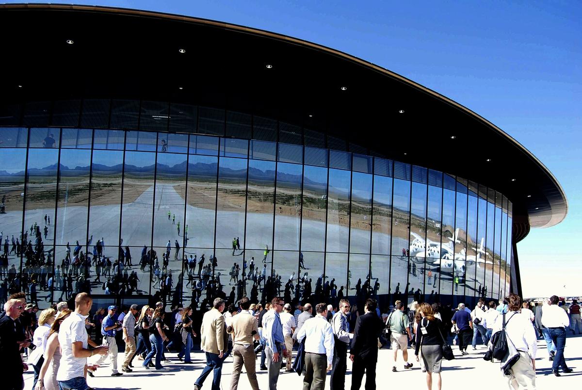 Visitors board multi-media shuttles to make the 25 mile (40km) journey out to the remote Spaceport / Spaceport America Visitors board multi-media shuttles to make the 25 mile (40km) journey out to the remote Spaceport / Spaceport America