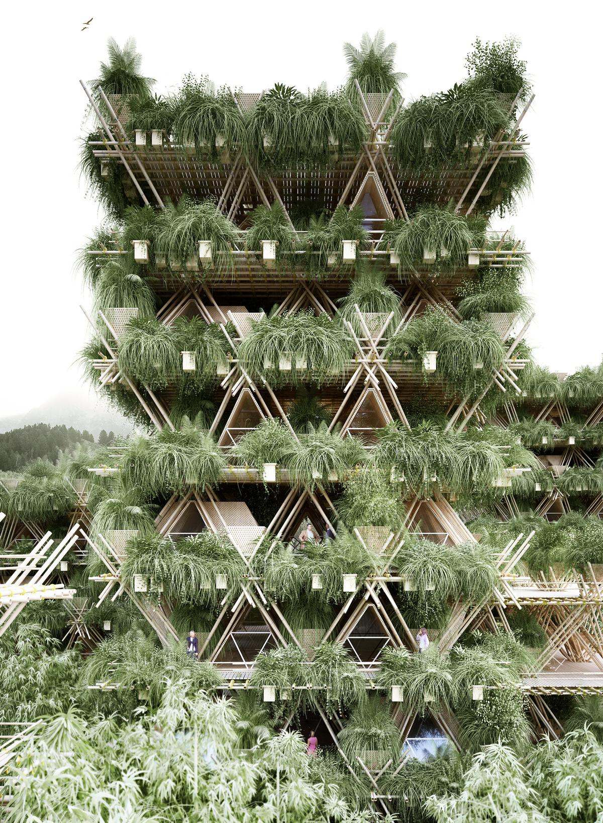Bamboo bound with rope can create hotels, homes, bridges, floating structures and public space / Penda