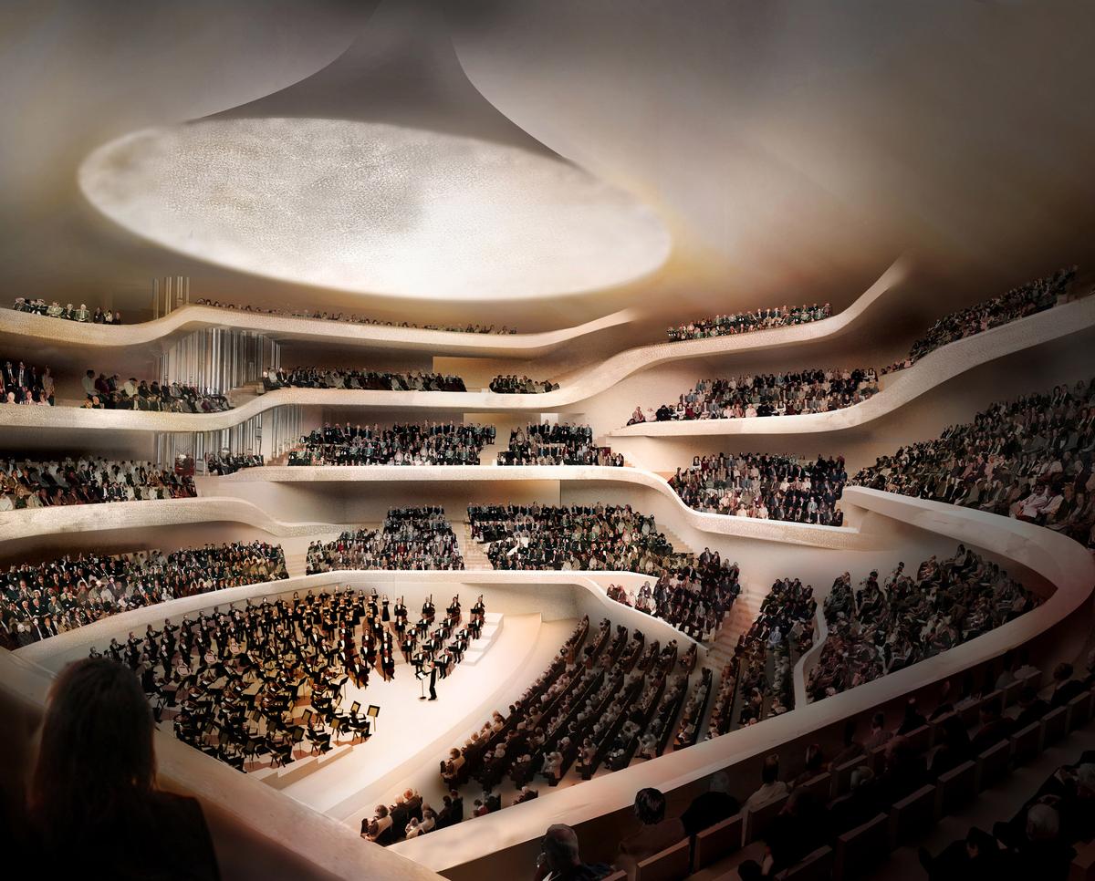 The centrepiece of the complex is a world-class concert hall at a height of 50 m (164 ft) with seating for 2,100 / Elbe Philharmonic